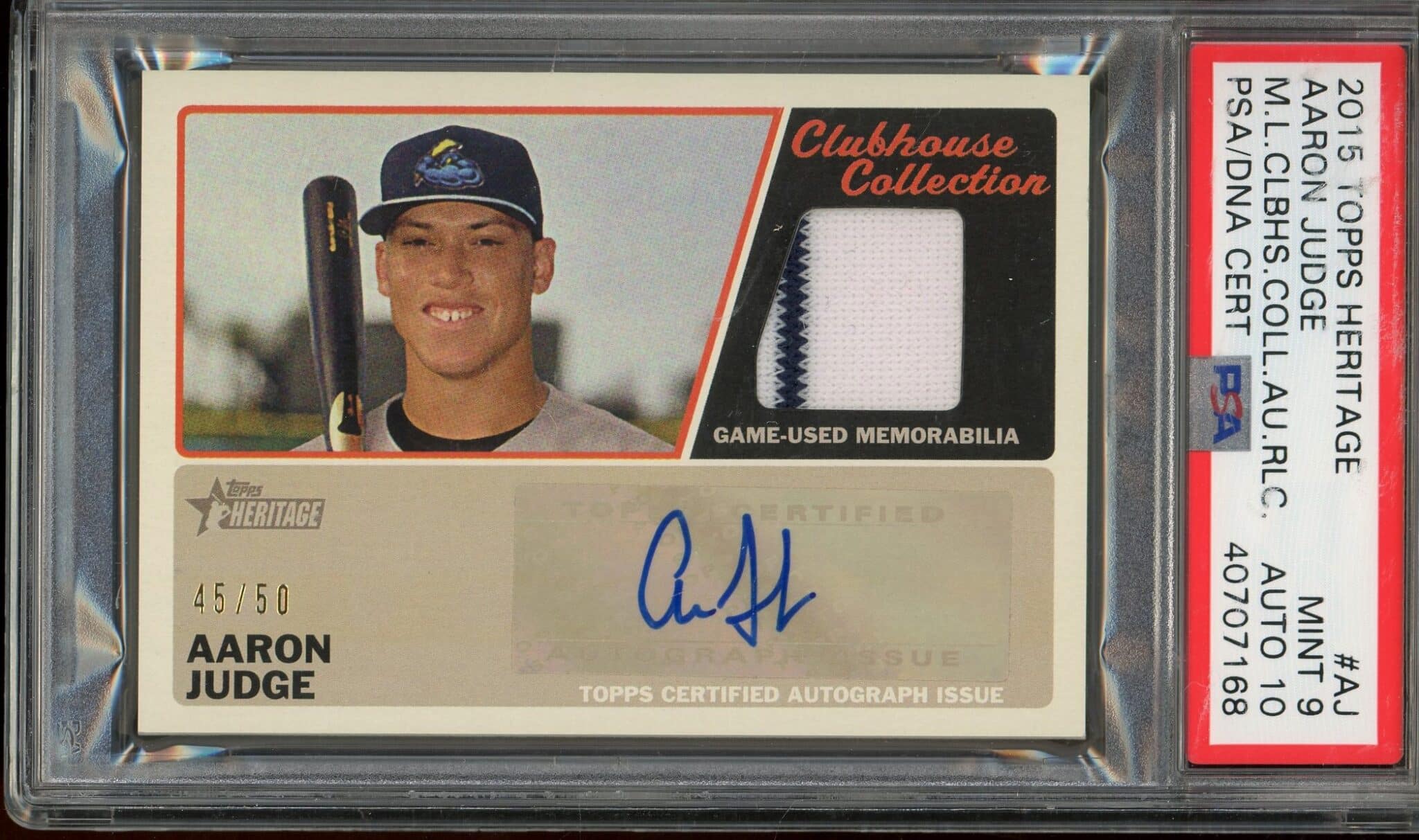 2017 TOPPS HERITAGE AARON JUDGE AUTOGRAPH CLUBHOUSE JERSEY RELIC #2/25 PSA  9 - Body Logic